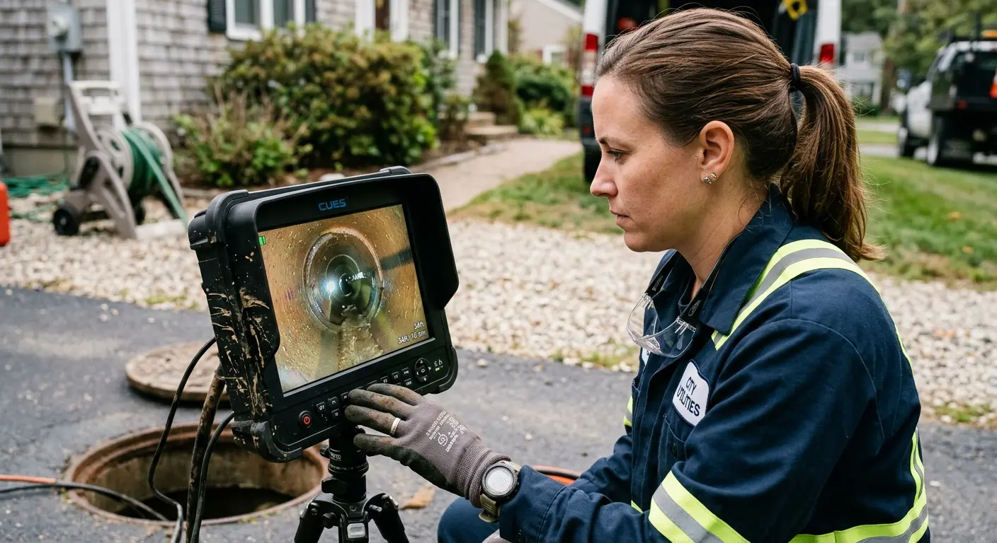 Technician reviewing sewer camera inspection footage in Neenah