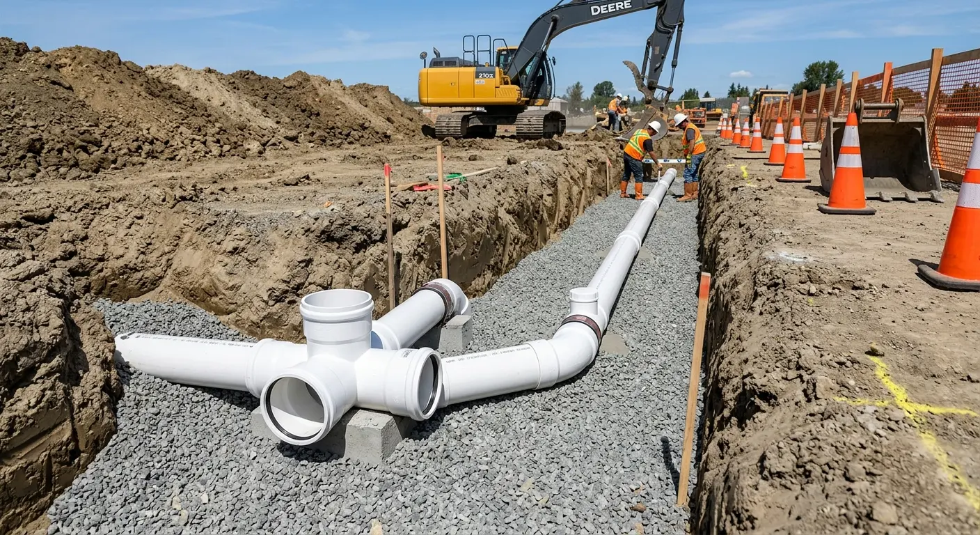 New PVC sewer pipe installation in open trench for Commercial Drain Cleaning in Neenah