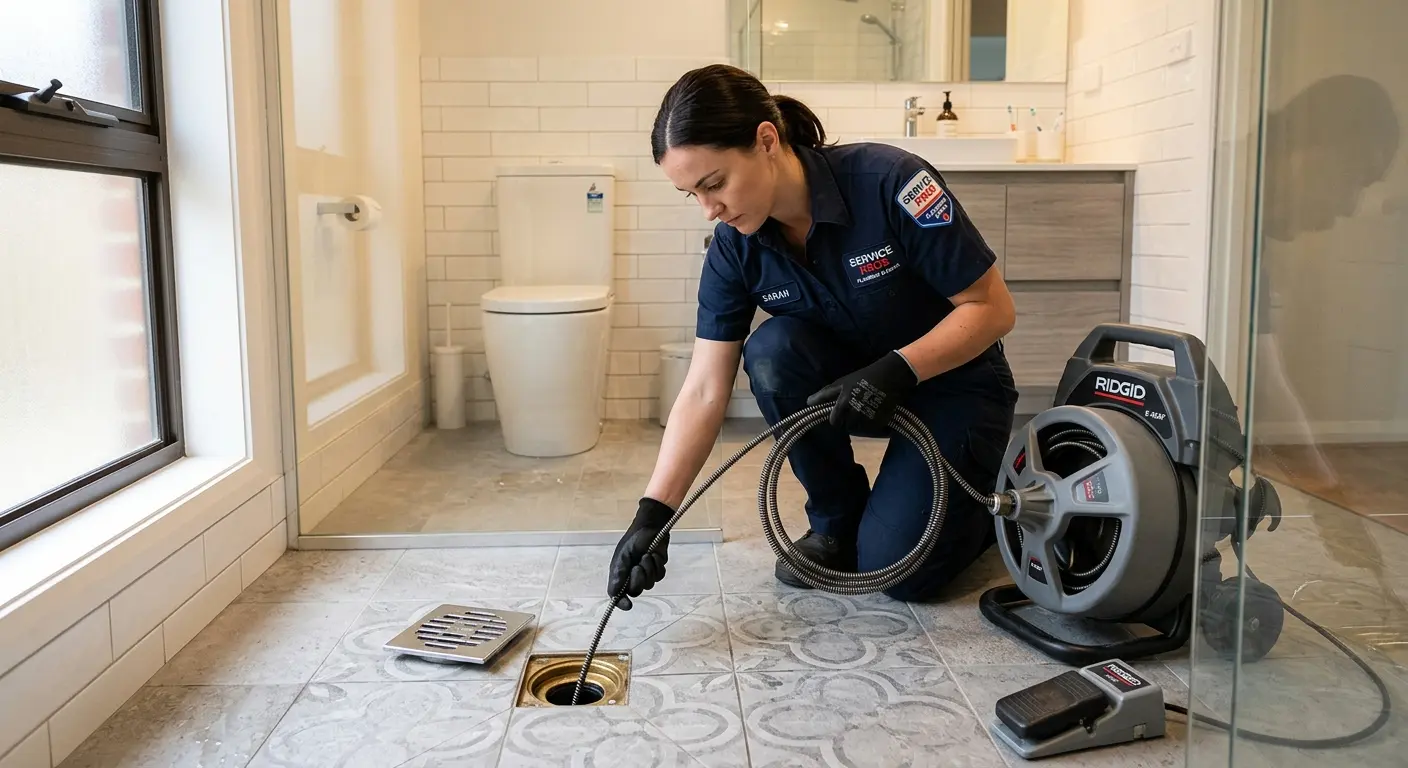 Technician clearing a bathroom floor drain for Sewer Line Replacement in Neenah